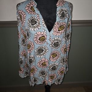 LOFT Floral V-Neck Blouse in Blue and Pink